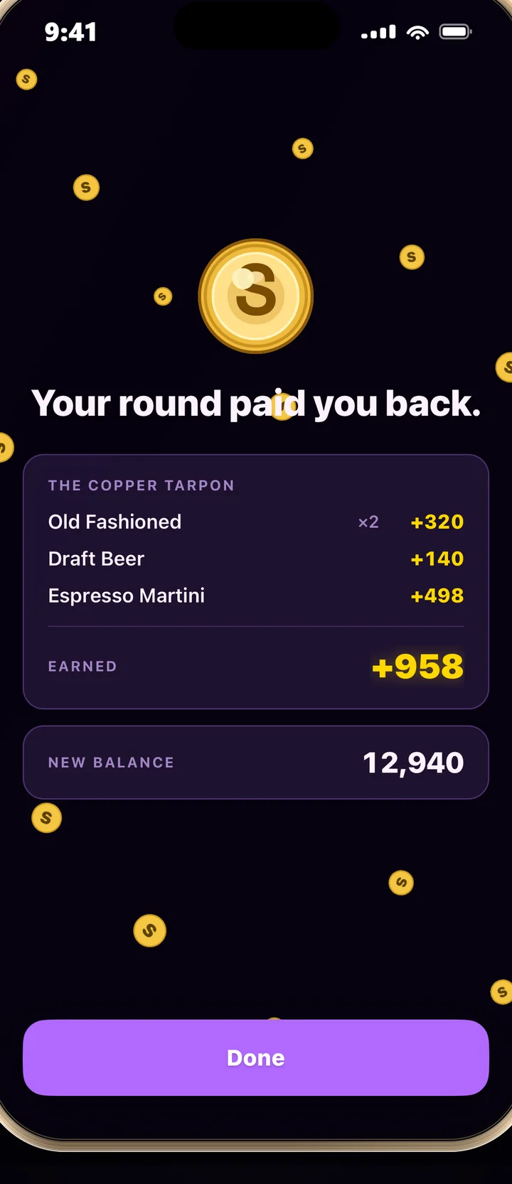 SipCoin app screen after a receipt is confirmed: Old Fashioned, Draft Beer and Espresso Martini line items earning 958 SipCoins