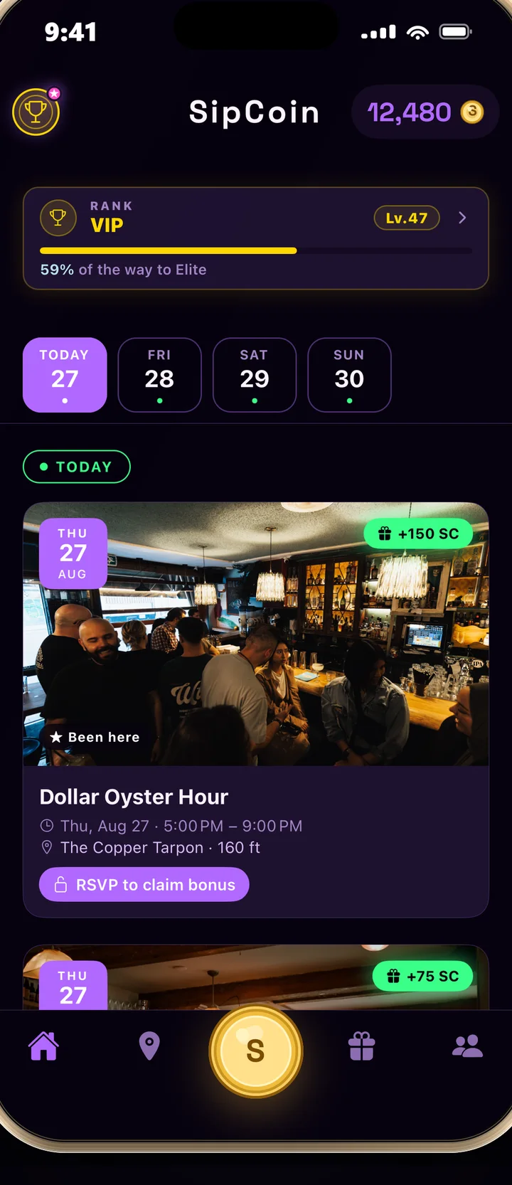 SipCoin app home screen showing a 12,480 SipCoin balance, VIP rank progress, and tonight's events at nearby venues with RSVP bonuses